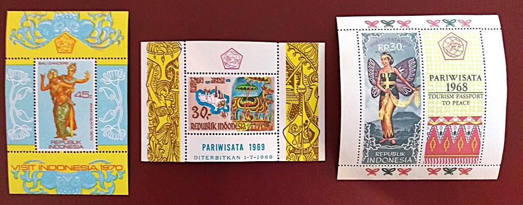 Indonesie 3x postzegel velletjes 1968/1969/1970 postfris, Postzegels en Munten, Verzenden, Zuidoost-Azië