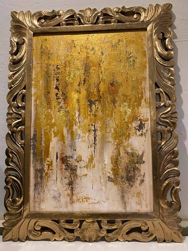 Schilderij in oude uitgewerkte lijst goud beige taupe VdlM, Antiek en Kunst, Kunst | Schilderijen | Abstract, Ophalen
