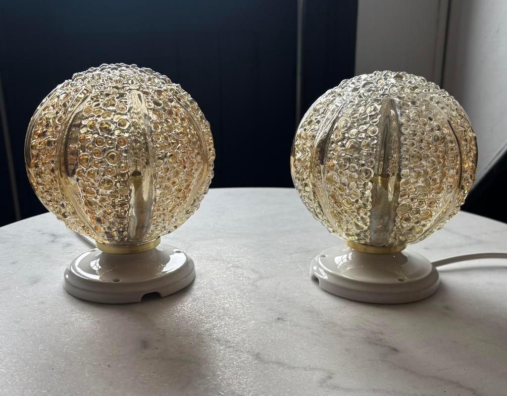 Vintage set 2 messing geel goud plafondlamp bol druppel, Ophalen of Verzenden, Zo goed als nieuw, Glas
