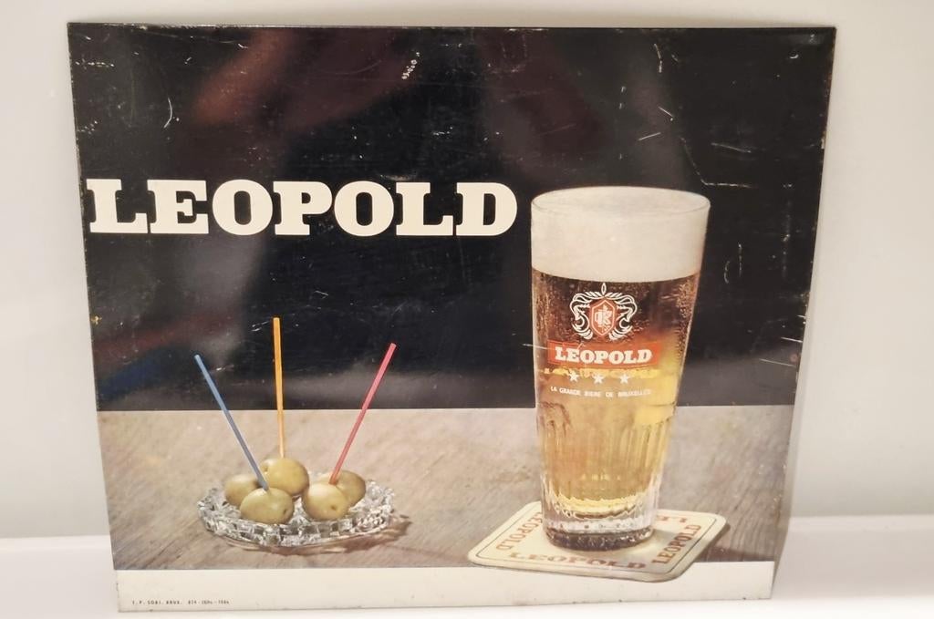 Antiek reclamebord Leopold bier brouwerij België bar, Ophalen of Verzenden, Gebruikt, Reclamebord