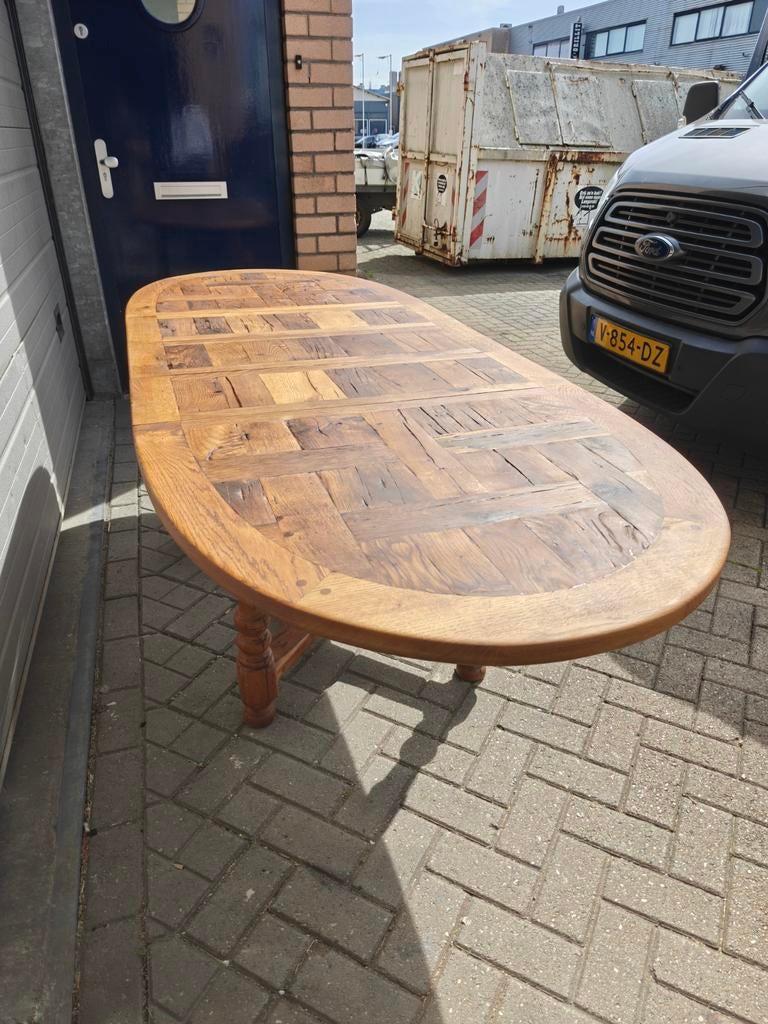 Ovale uitschuifbare Franse klooster tafel van Eiken, Ophalen, Eikenhout, 200 cm of meer, 50 tot 100 cm