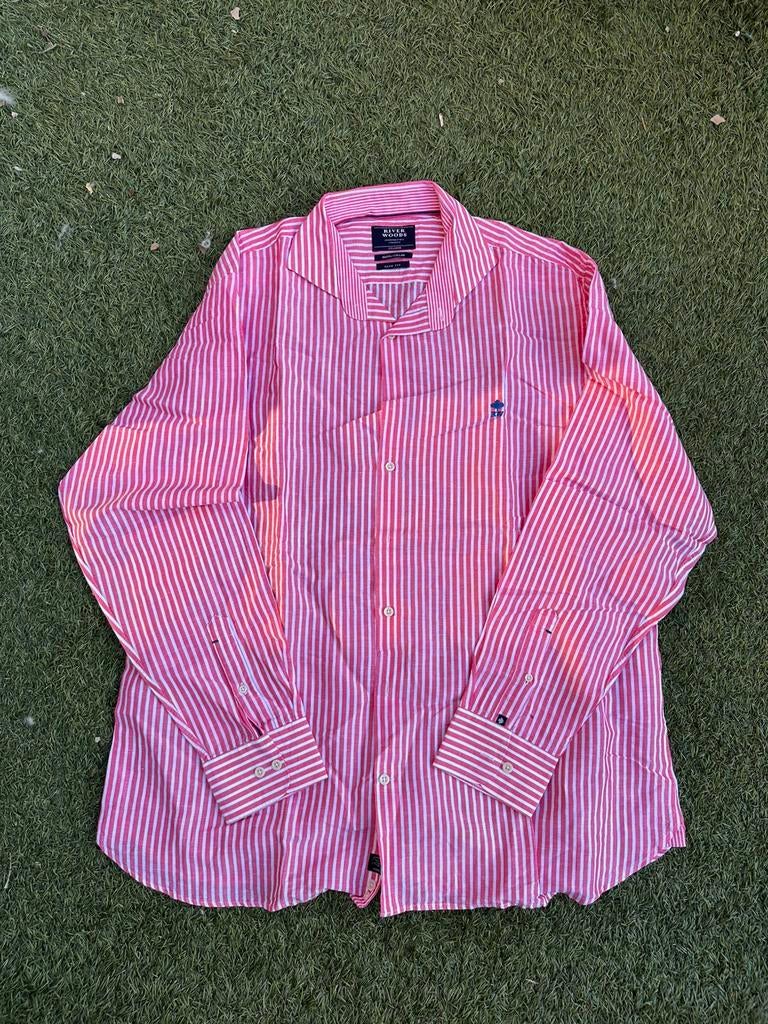 Roze met wit gestreepte blouse van River Woods, Kleding | Heren, Overhemden, Ophalen of Verzenden, Zo goed als nieuw, Roze, Overige halswijdtes