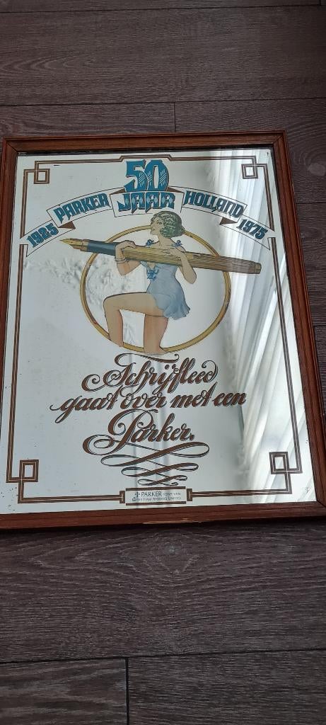 Oude Reclame spiegel van Parker Pennen, Verzamelen, Pennenverzamelingen, Gebruikt, Ophalen of Verzenden, Met reclame, Parker