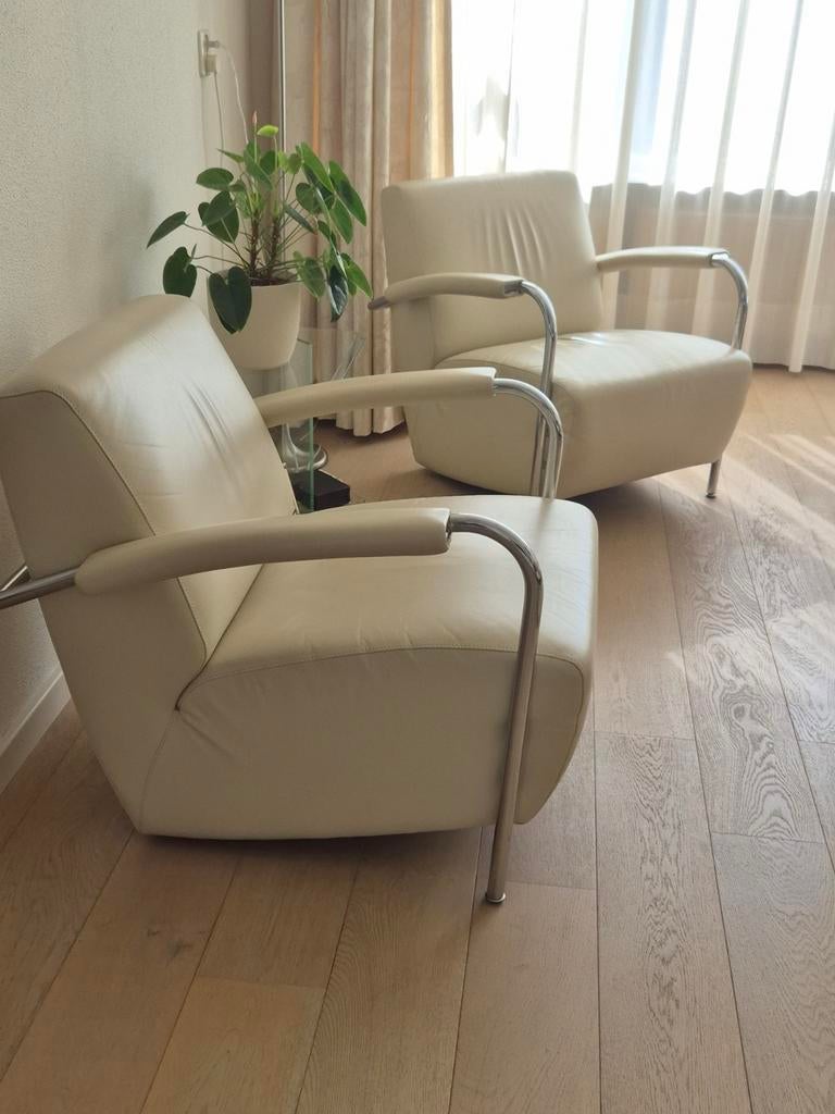 2 goede Leolux Scylla design fauteuils in leer room kleur, Huis en Inrichting, Ophalen, Minder dan 75 cm, Leer, 50 tot 75 cm