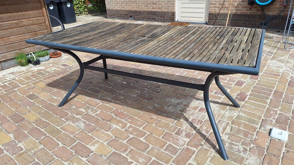 Tuintafel aluminium met hardhout 194x84x73 cm, Ophalen, Gebruikt, Rechthoekig, Aluminium