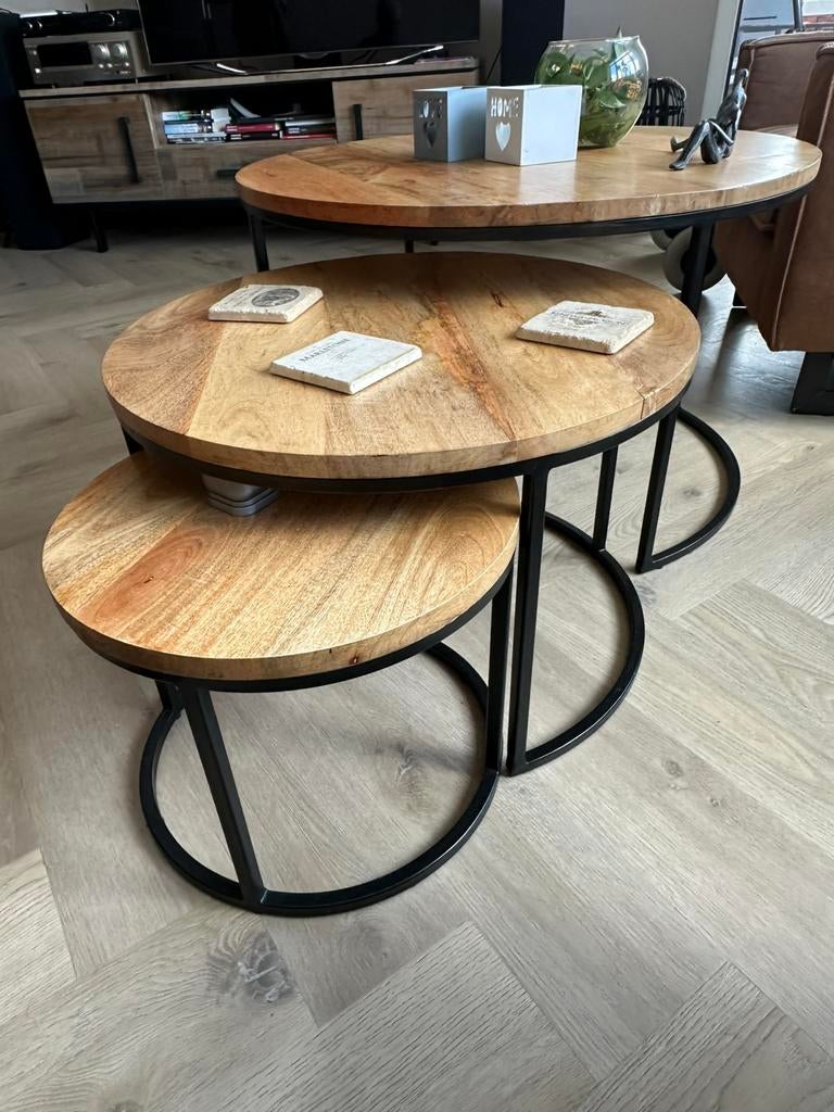 Mooie 3-delig salontafel set met masief mangohouten dekken!, Huis en Inrichting, Tafels | Salontafels, Ophalen, 50 tot 75 cm, Rond