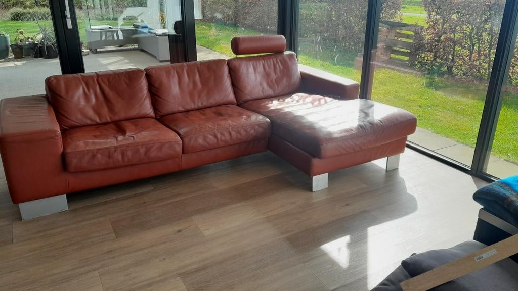 Bank leer 3 zits met chesslonge gratis, Ophalen, Gebruikt, Leer