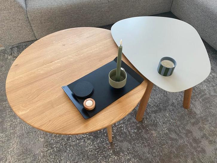 Moderne salontafels grijs staal en eikenhout, Huis en Inrichting, Tafels | Salontafels, Zo goed als nieuw, Minder dan 50 cm, 50 tot 100 cm