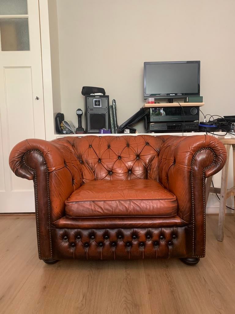 Vintage Leren Chesterfield-stijl Fauteuil - Bruin, Huis en Inrichting, Ophalen, Gebruikt, 100 tot 125 cm, Leer
