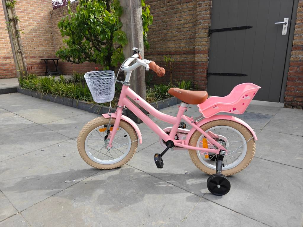 Roze Kinderfiets met Zijwieltjes en Mandje, Ophalen, Terugtraprem, Zijwieltjes, Nieuw