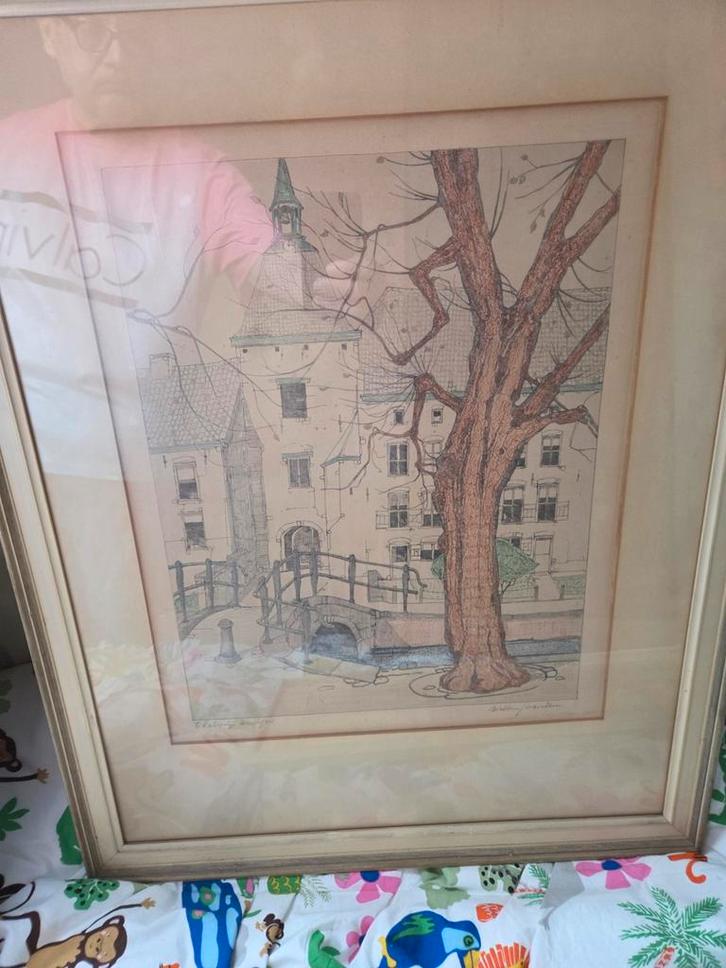 Ingelijste tekening van Willem Jonkman - 't Raetshuys, Antiek en Kunst, Kunst | Etsen en Gravures, Ophalen of Verzenden