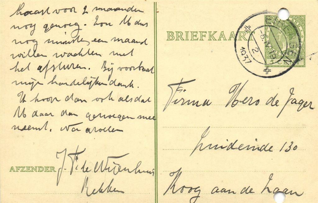 J.F. te Nienhuis, Rekken - 04.1937 - briefkaart, Ophalen of Verzenden, Briefkaart