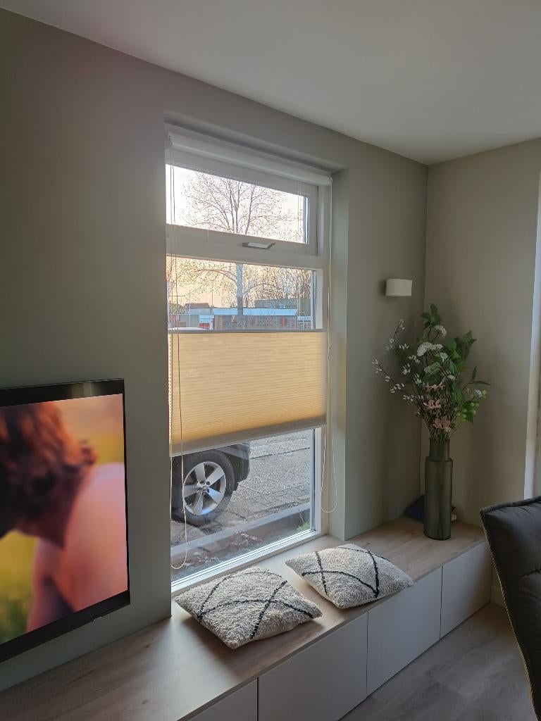 Plisse Duette gordijnen beige/creme (advertentie aangepast), Ophalen, Crème, Zo goed als nieuw, 200 cm of meer