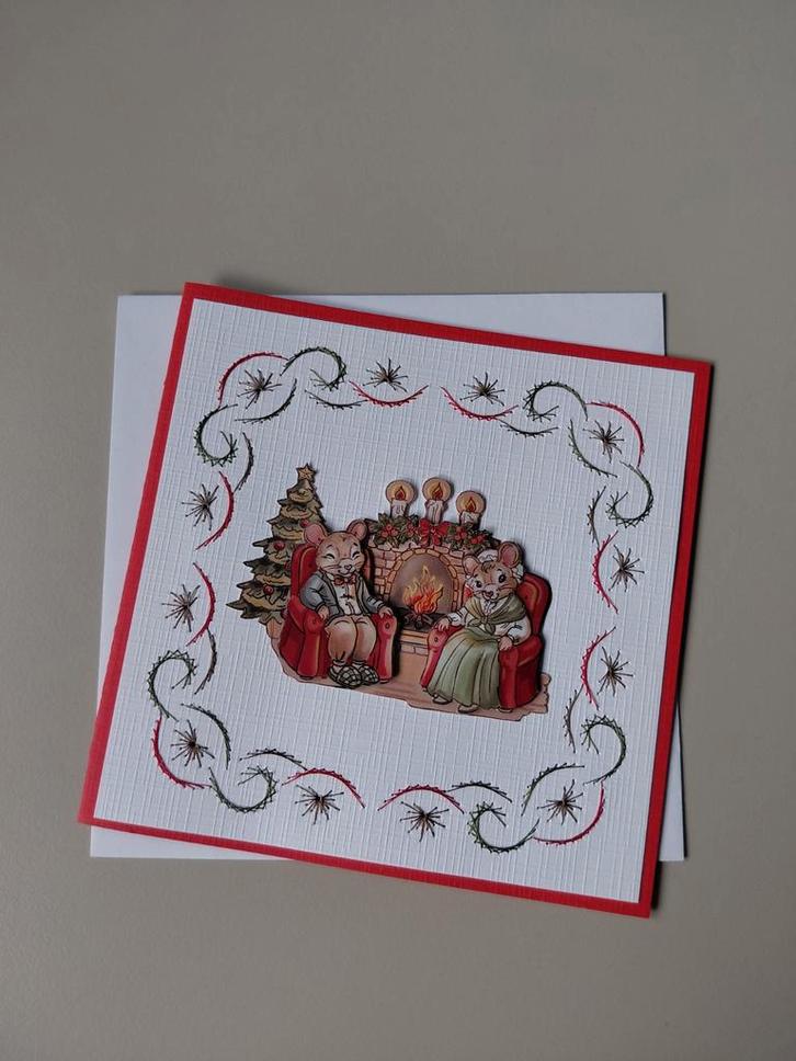 Handgemaakte Kerstkaart met Muisjes bij de Haard, Hobby en Vrije tijd, Kaarten | Zelfgemaakt, Nieuw, Kerst, Ophalen of Verzenden