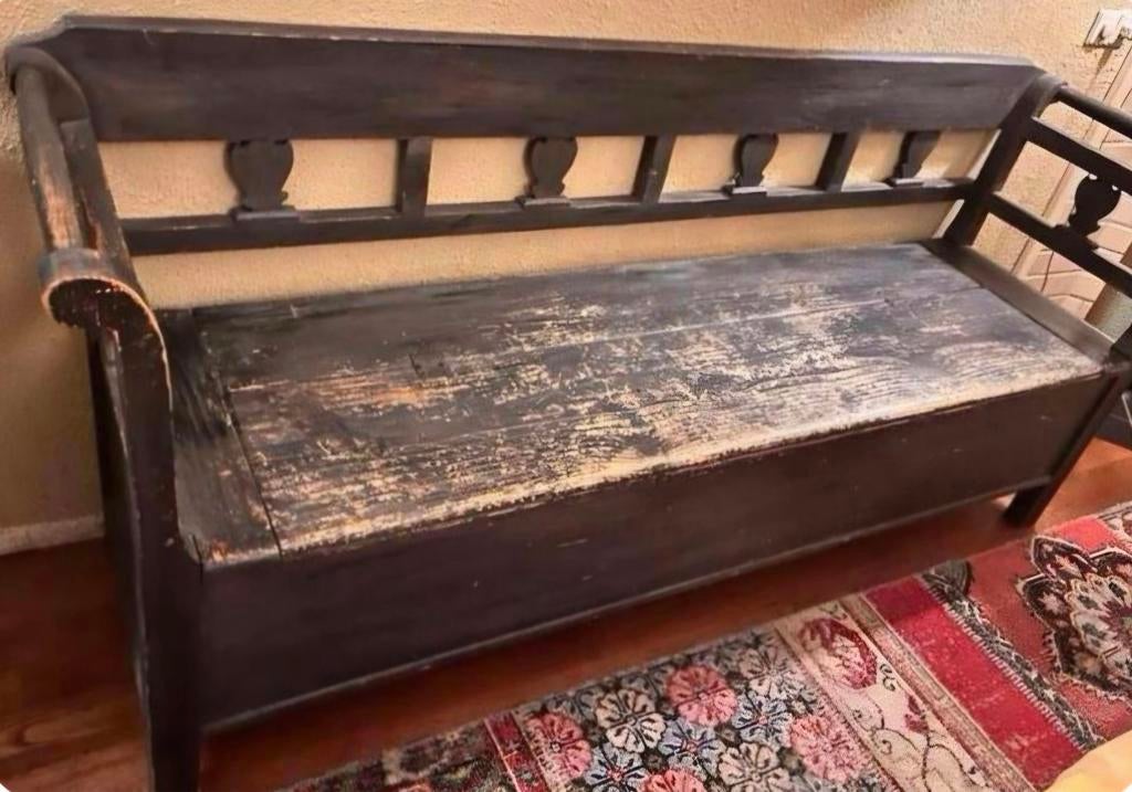 Antieke Klepbank - Zwart Houten Opbergbank, Antiek en Kunst, Curiosa en Brocante, Ophalen