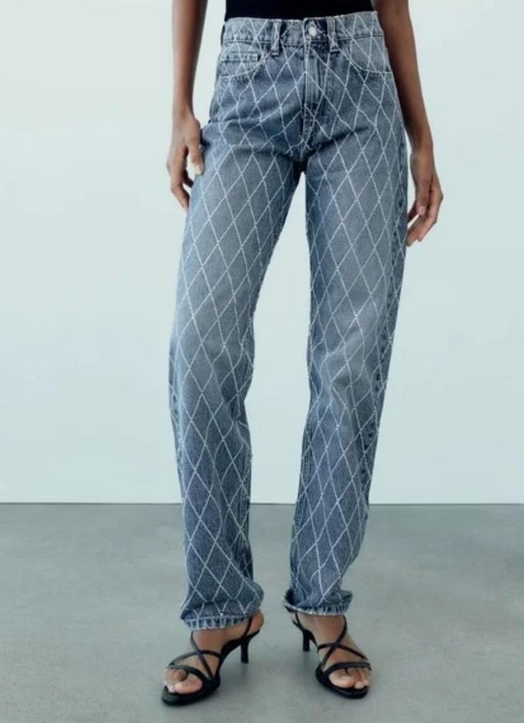 Zara Jeans met Ruitpatroon en Strass Steentjes maat 36, Ophalen of Verzenden, Zo goed als nieuw, Blauw, W28 - W29 (confectie 36)