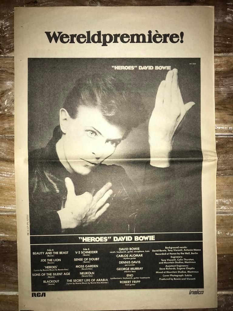 Paginagrote A3 advertentie DAVID BOWIE Heroes release, Cd's en Dvd's, Vinyl | Pop, Ophalen of Verzenden