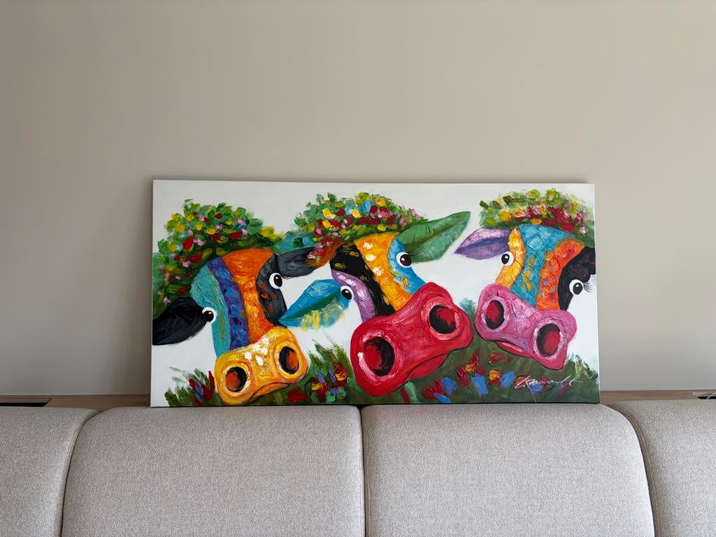 Vrolijk kleurig koeien schilderij op canvas, uniek kunstwerk, Ophalen