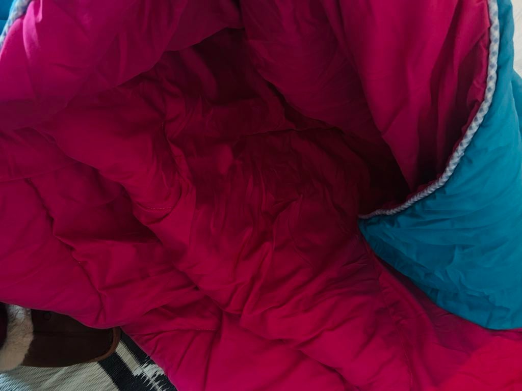Levendig roze en blauw dekbed/slaapzak, Gebruikt, Eenpersoons, Blauw, Dekbedovertrek