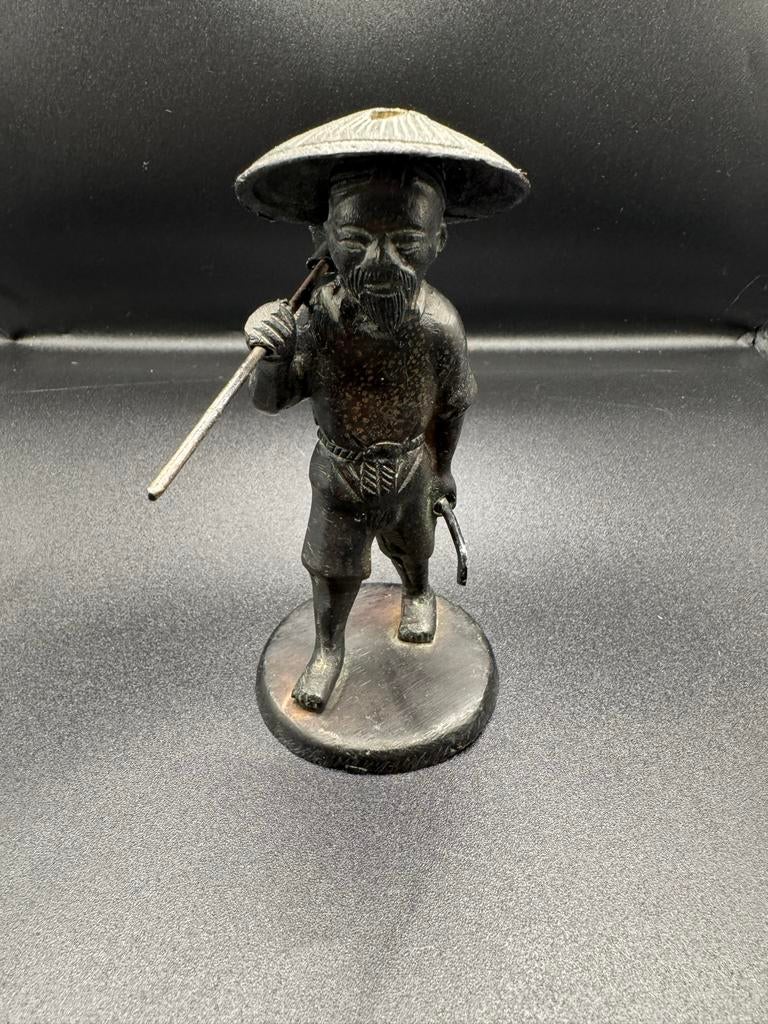 Antiek Oosters Bronzen Beeld van Boer met Hoed, Antiek en Kunst, Ophalen of Verzenden
