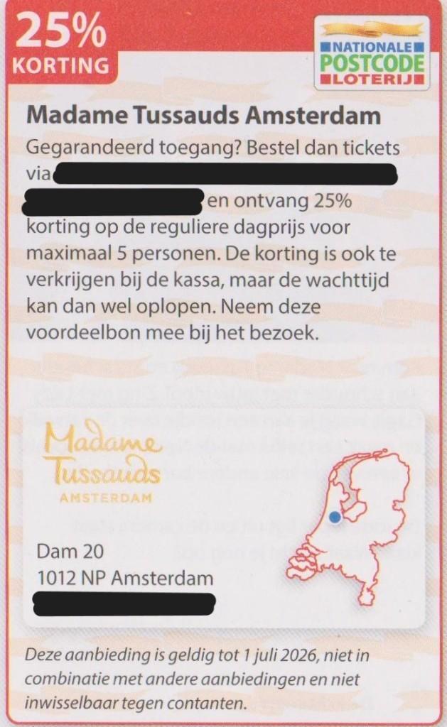 Madame Tussauds Amsterdam. 25% korting. Postcodeloterij bon., Tickets en Kaartjes, Musea, Drie personen of meer, Kortingskaart