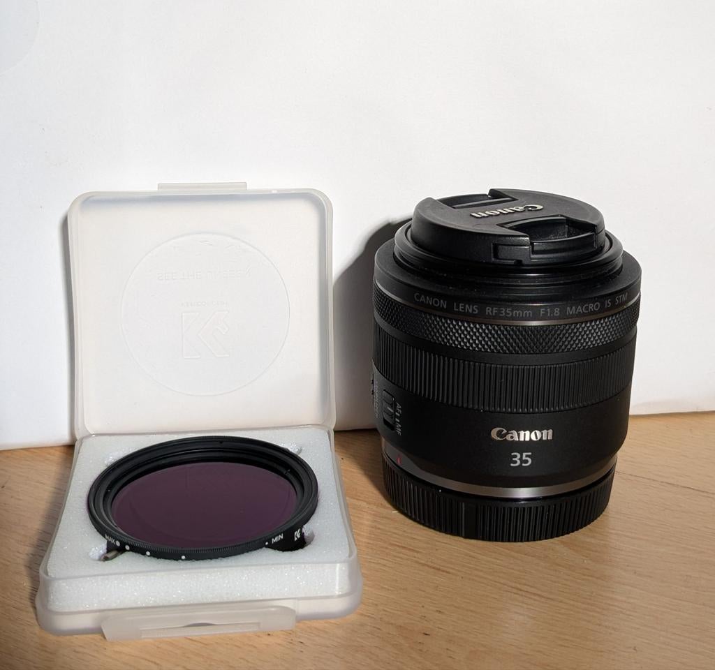 Canon rf35mm 1.8 STM Macro + K&F variable nd filter, Ophalen of Verzenden, Zo goed als nieuw, Macrolens