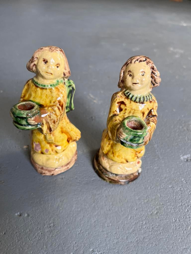 oude antieke Chinees terracotta kandelaars engeltjes gemerkt, Ophalen of Verzenden, Koper of Brons