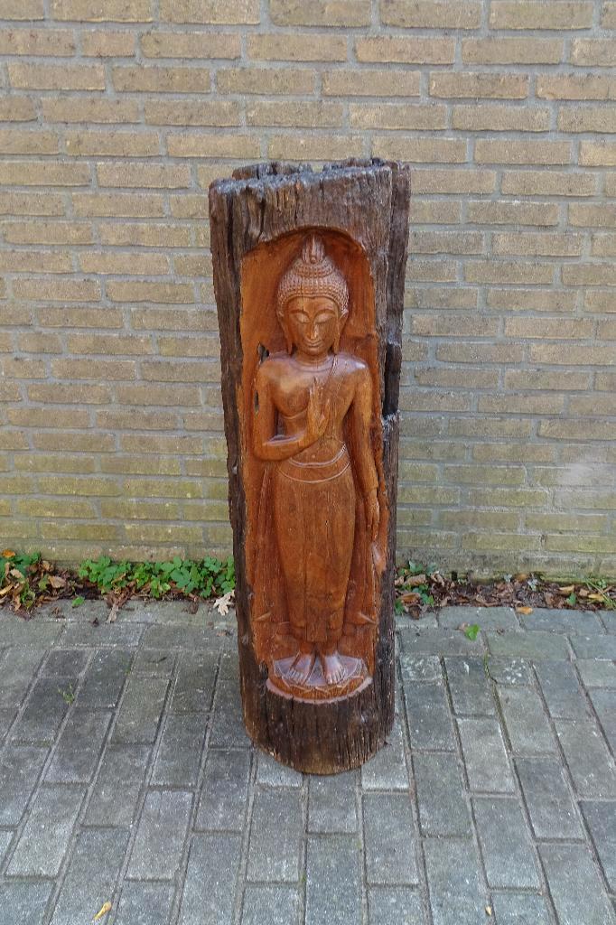 Uniek Teakhout Boeddha beeld in boomstam 114 cm 52 KG, Huis en Inrichting, Woonaccessoires | Boeddhabeelden, Gebruikt, Ophalen