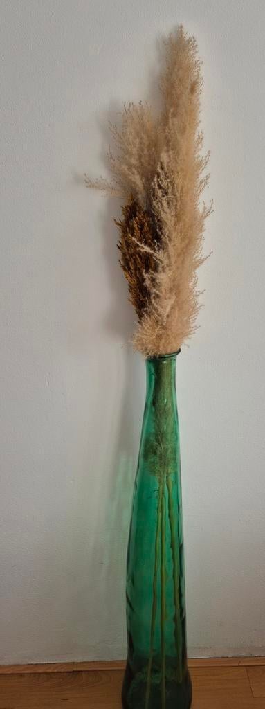 Grote groene glazen vaas met pluimen - 1 meter hoog, Huis en Inrichting, Woonaccessoires | Vazen, Ophalen, Gebruikt, Glas, 75 cm of meer