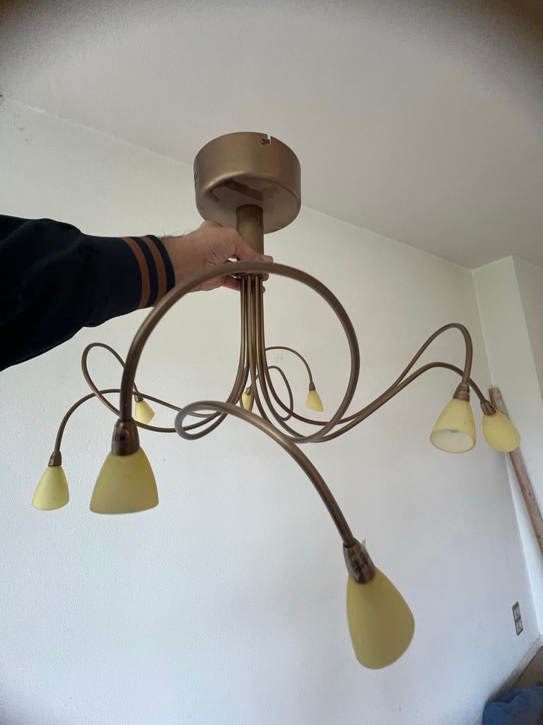 Vintage plafondlamp met 6 armen en glazen kappen, Ophalen, Gebruikt, Metaal