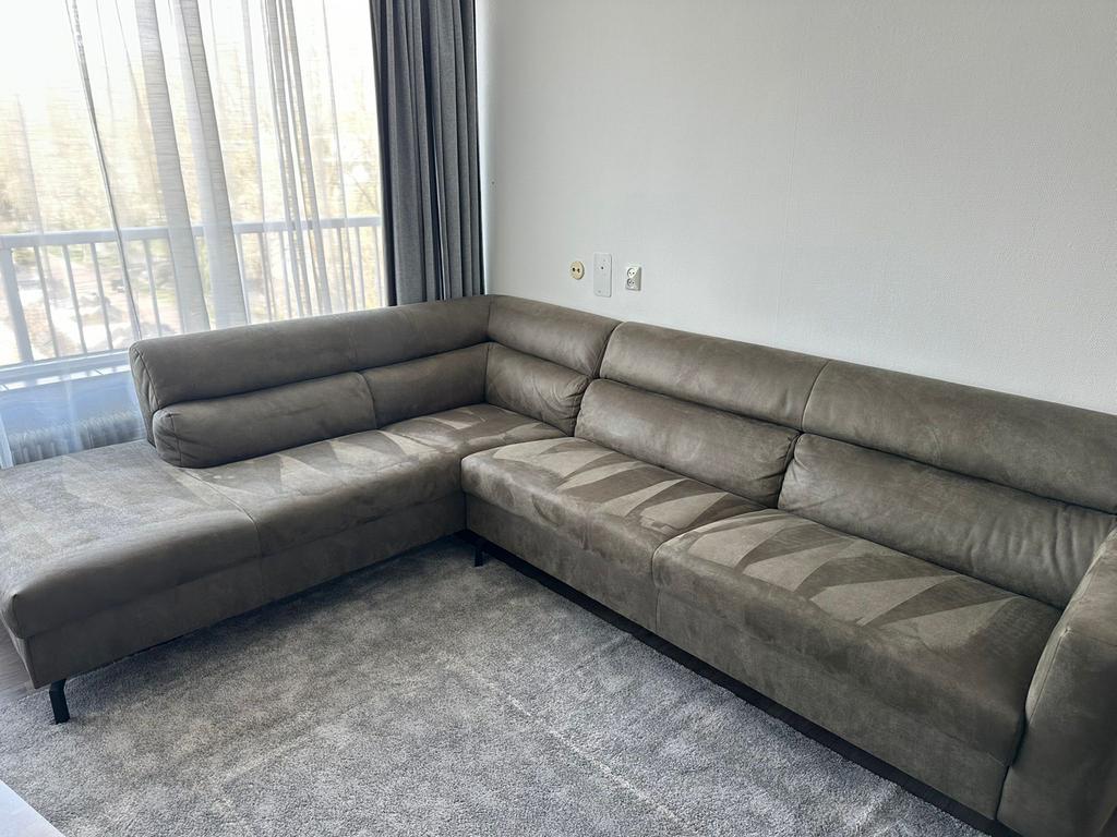 Groene hoekbank microleder (270 x 220 cm), Huis en Inrichting, Banken | Complete zithoeken, Ophalen, Gebruikt, Overige materialen