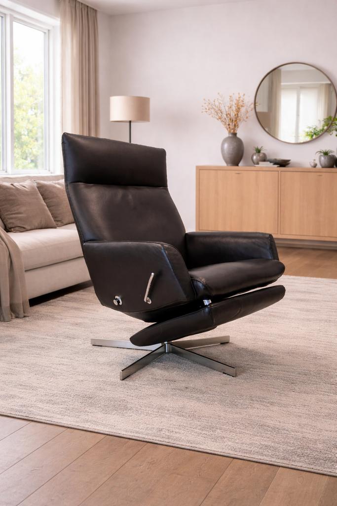 Prominent leren design relax fauteuil handmatig, Ophalen, Zwart, Leer, Zo goed als nieuw
