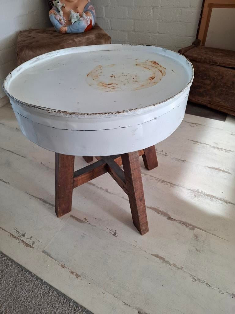 Unieke bijzettafel van oliedrum - Gebruikt, Huis en Inrichting, Minder dan 45 cm, Gebruikt, Metaal of Aluminium, Rond
