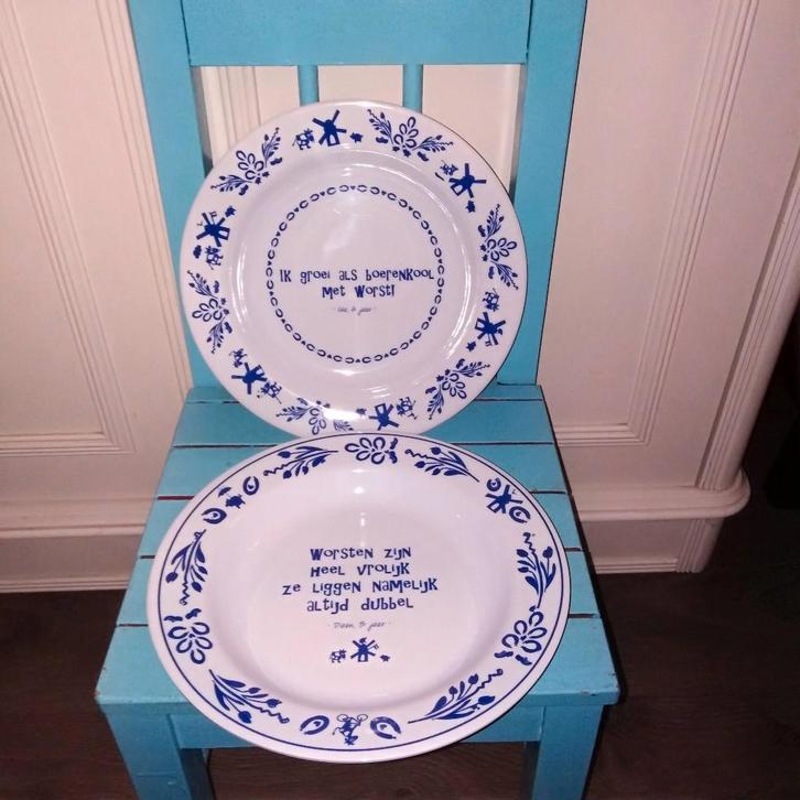 Unox stamppot bordjes met spreuk wit/blauw 2 stuks, Huis en Inrichting, Keuken | Servies, Gebruikt, Bord(en), Overige stijlen