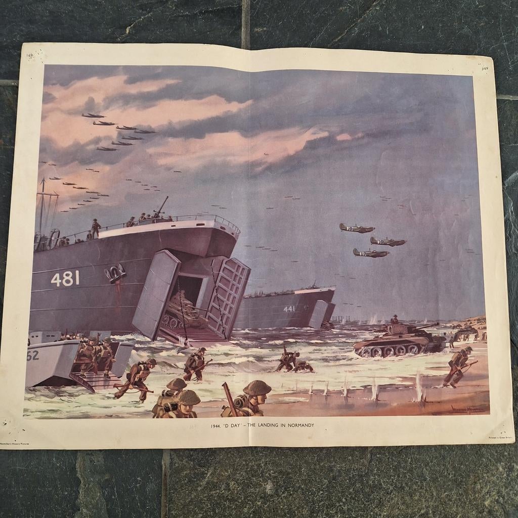 1944 'D Day' - The Landing in Normandy print afm50x40cm, Verzamelen, Ophalen of Verzenden