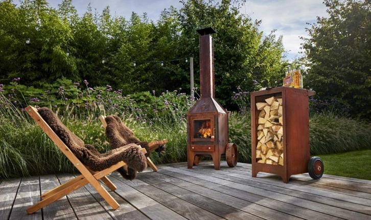 RENY BIJUGA tuinhaard corten verrijdbaar en houtopslag KER, Tuin en Terras, Tuinhaarden, Nieuw, Ophalen of Verzenden