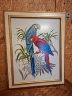 Mooi vintage groot geborduurd schilderij papegaaien, Ophalen of Verzenden