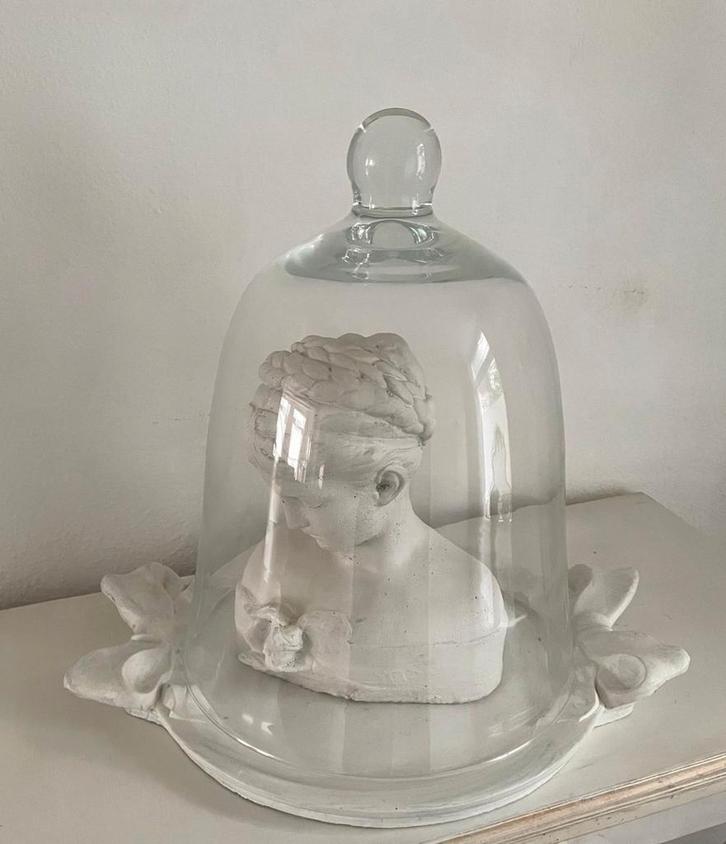 Zwaar Borstbeeld met zware Cloche en onderschotel., Antiek en Kunst, Curiosa en Brocante, Ophalen of Verzenden