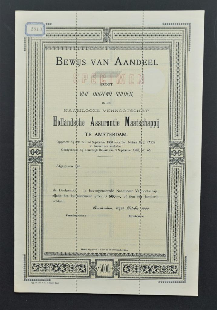 Hollandsche Assurantie Maatschappij - A'dam 1900, Postzegels en Munten, Aandelen en Waardepapieren, Aandeel, Voor 1920, Verzenden
