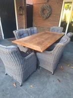 Eet/tuintafel met smeedijzeren onderstel en teakhouten blad., Ophalen, 200 cm of meer, 50 tot 100 cm, Zo goed als nieuw