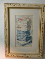 Oude aquarel stapel theedoeken gesigneerd, Antiek en Kunst, Ophalen of Verzenden