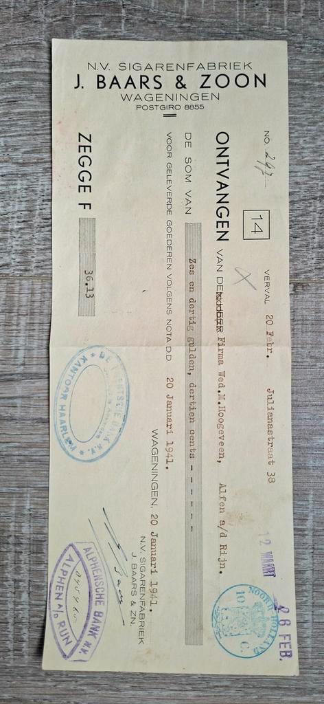 Kwitantie WAGENINGEN  Anno 1941, Postzegels en Munten, Brieven en Enveloppen | Nederland, Overige typen, Ophalen of Verzenden