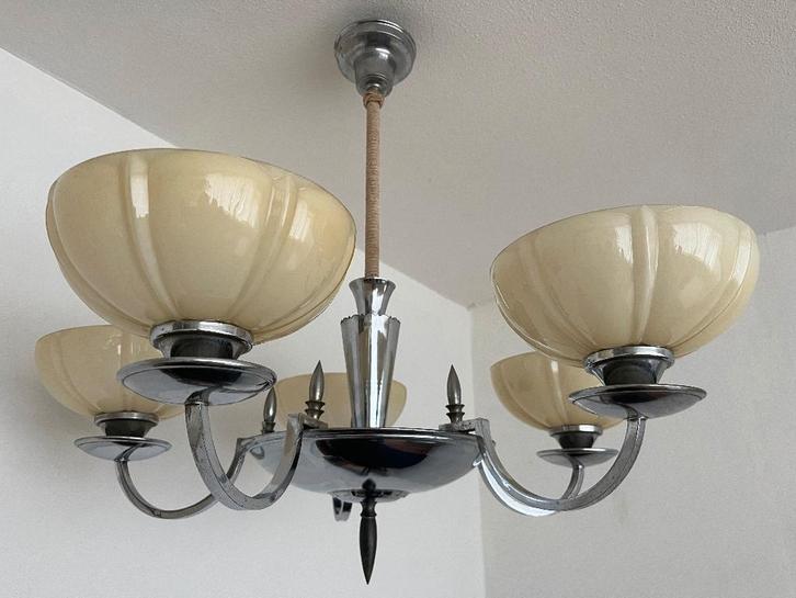 jaren '50 kroonluchter in Art Deco stijl, Huis en Inrichting, Lampen | Kroonluchters, Zo goed als nieuw, Glas, Metaal, Ophalen of Verzenden