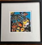 Zolderverkoop: Fabian - Kleurrijke Zeefdruk met Kat en Vogel, Antiek en Kunst, Ophalen of Verzenden