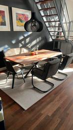 Acasia houten eetafel met stalen poten, Huis en Inrichting, Tafels | Eettafels, 200 cm of meer, Zo goed als nieuw, Rechthoekig