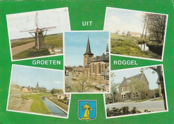 ROGGEL Molen Kanaal Kerk Landschap Gemeentehuis Groeten, Verzamelen, Ansichtkaarten | Nederland, Gelopen, Limburg, 1960 tot 1980