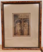 Ets van Brug te Delft & handschrift achterzijde uit 1930, Ophalen of Verzenden