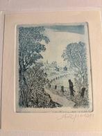 Ingelijste ets van Ank Spronk - Landschapje met poes, Ophalen of Verzenden