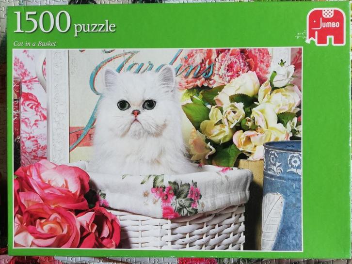 Puzzel 1500 stukjes: Cat in a Basket, Hobby en Vrije tijd, Denksport en Puzzels, Gebruikt, Legpuzzel, 500 t/m 1500 stukjes, Ophalen of Verzenden