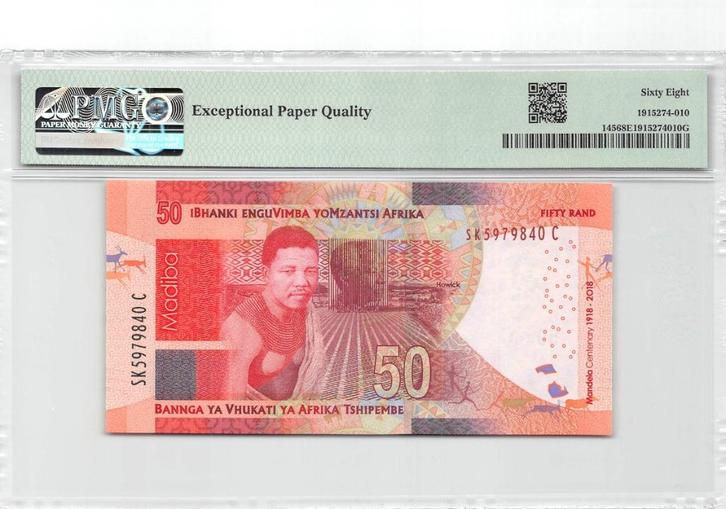 South Africa 50 Rand 2018 Unc PMG 68 EPQ, Postzegels en Munten, Bankbiljetten | Afrika, Los biljet, Zuid-Afrika, Ophalen of Verzenden